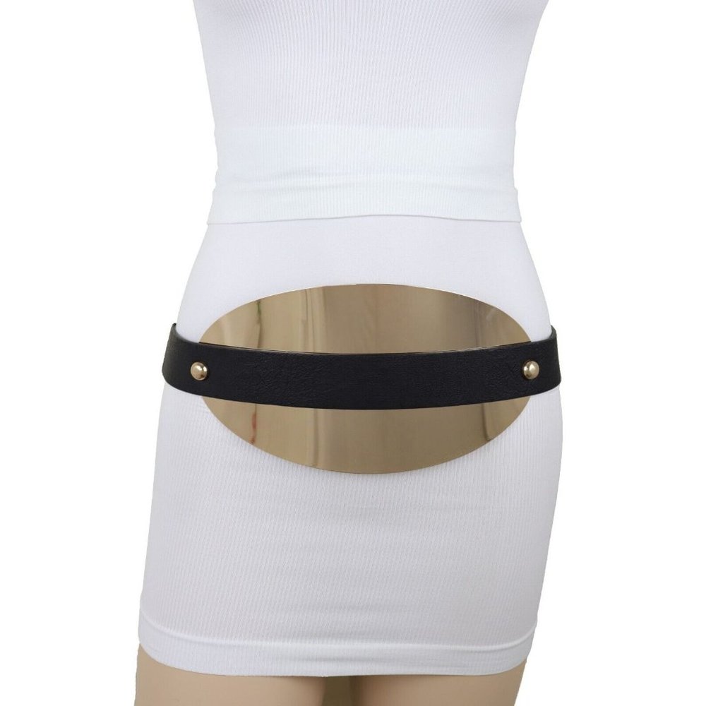 Women Black Elastic Waistband Fashion Belt Oval Wide Gold Metal Plate Fit S M